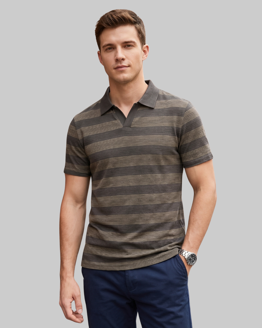 Men's Summer Stripe Polo Shirt in Army Green