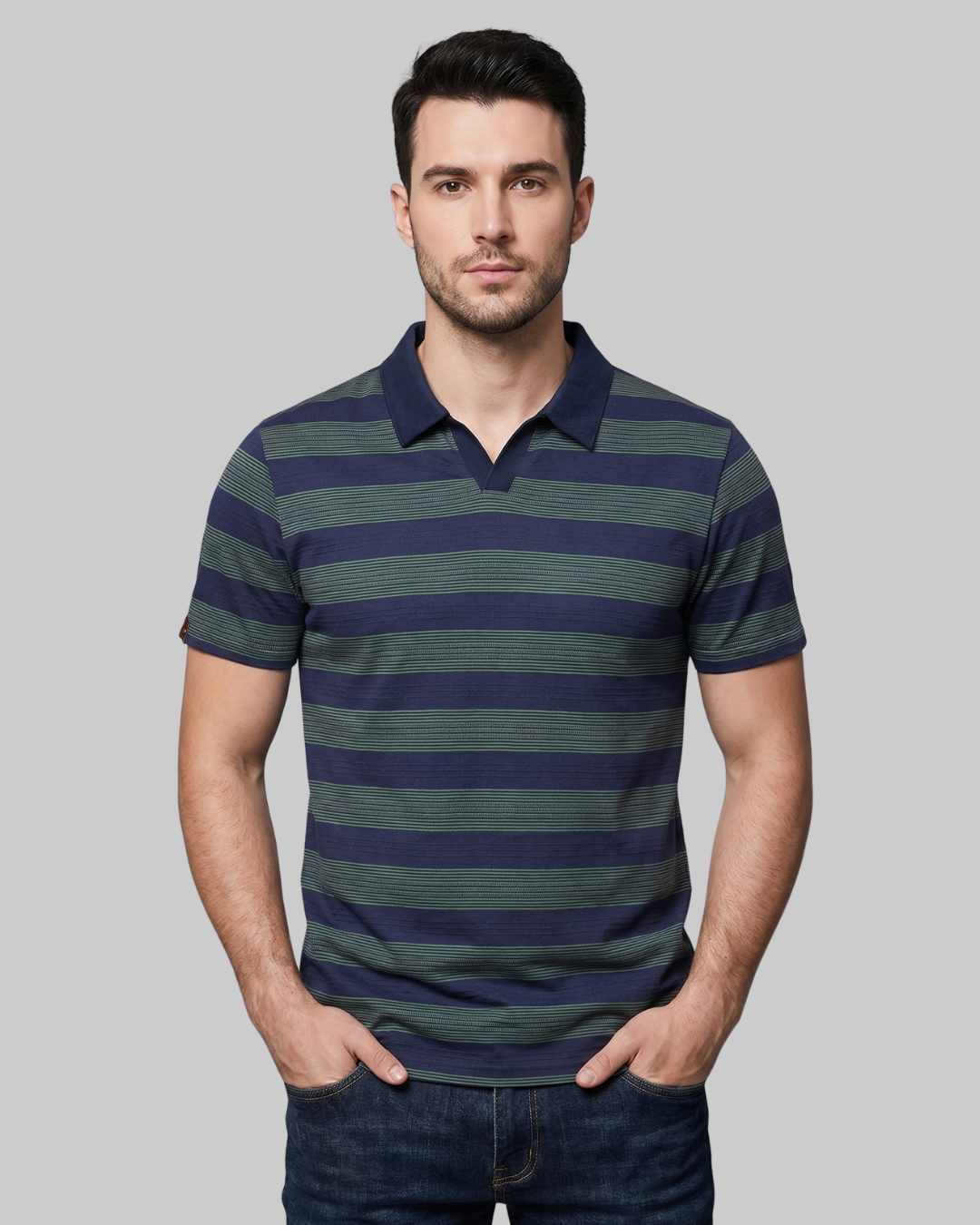 Men's Summer Stripe Polo Shirt in Navy Blue
