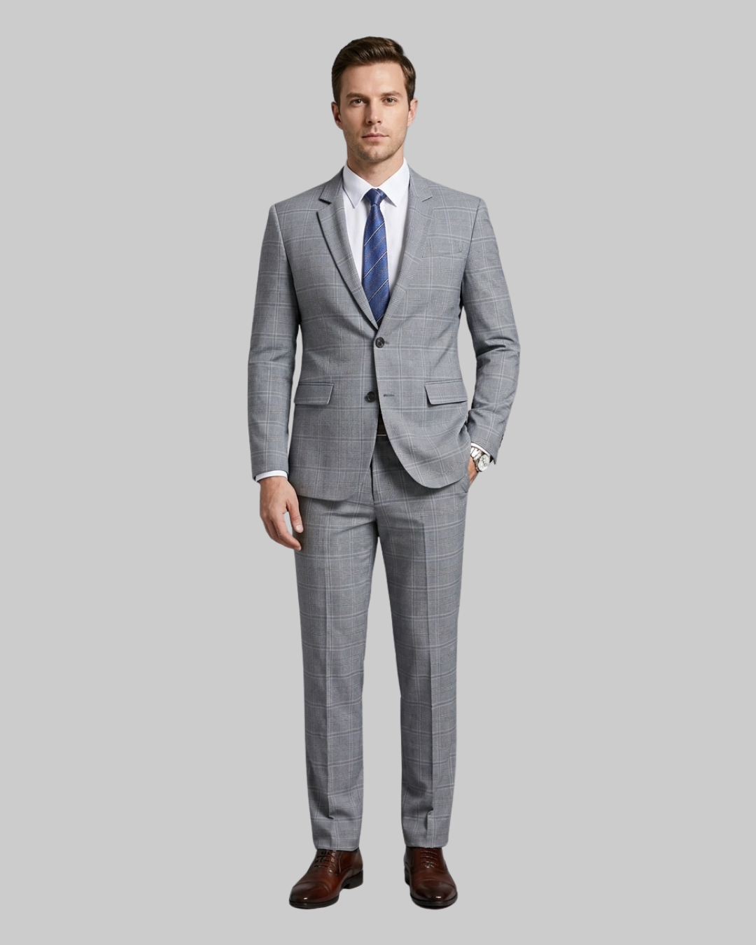 Grey Men's Tailored Check 2 Piece Suit in Front