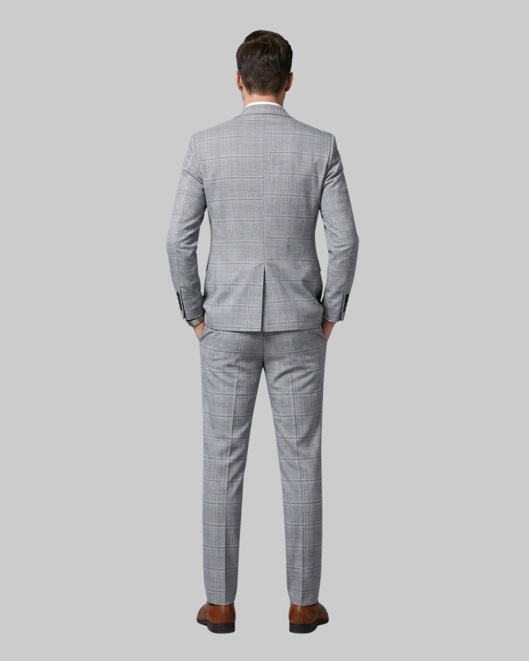 Grey Men's Tailored Check 2 Piece Suit in Back