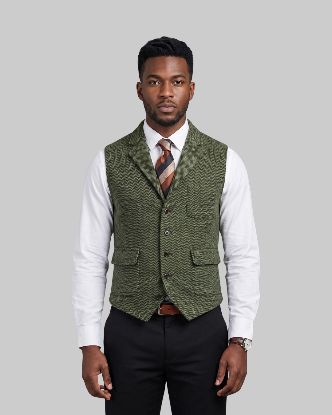 Men's Tailored Herringbone Suit Vest in army green.