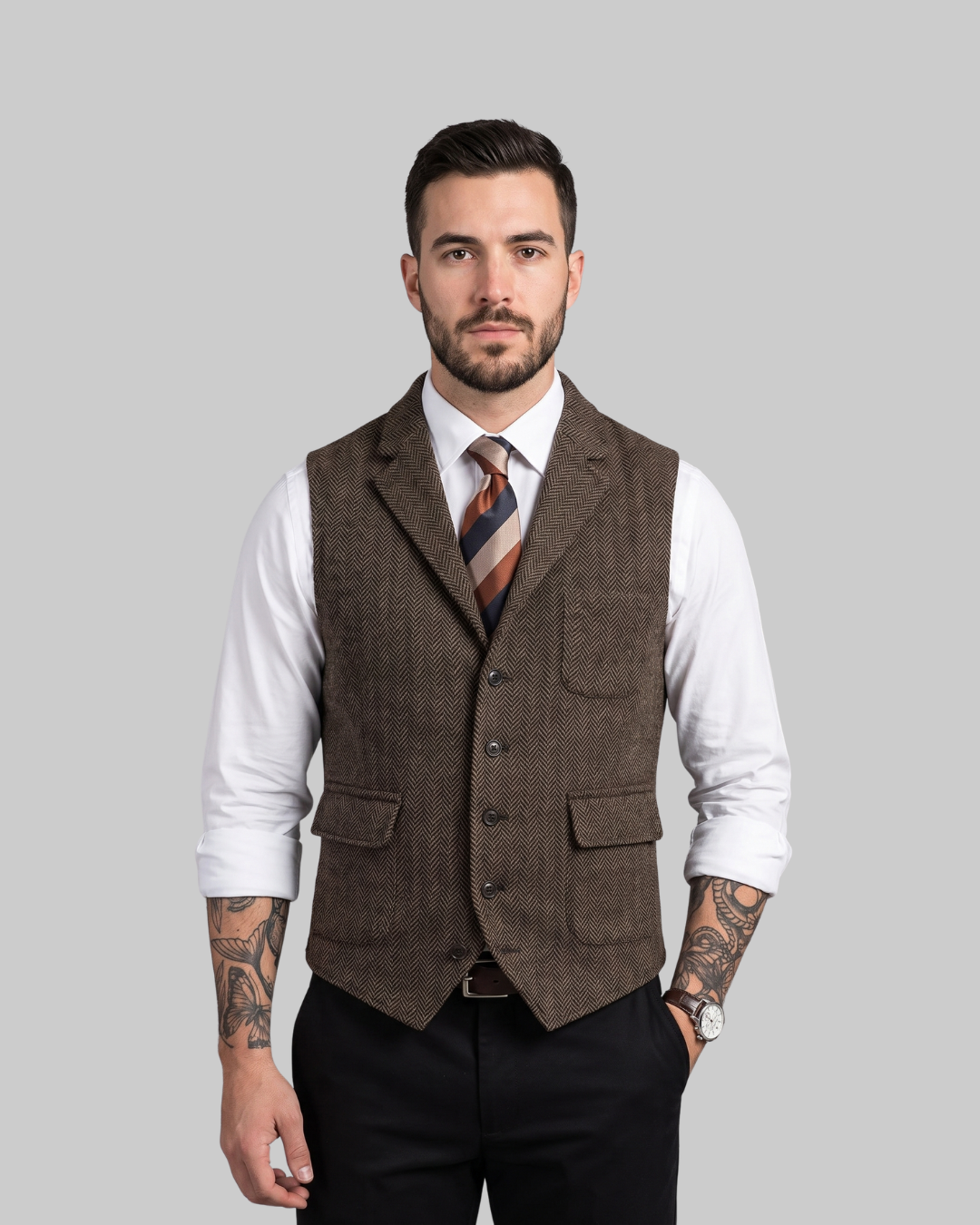 Men's Tailored Herringbone Suit Vest in brown.