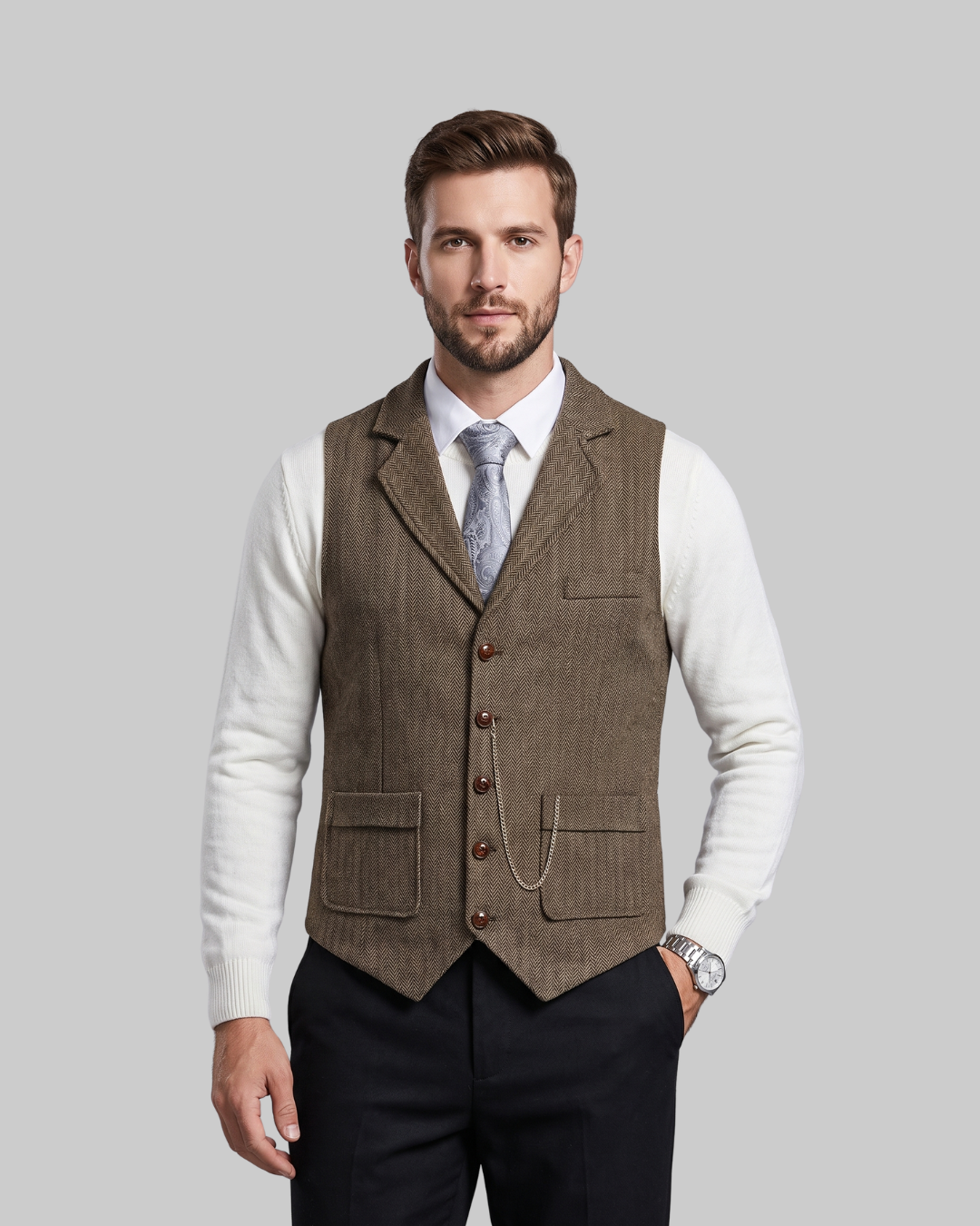 Men's Tailored Lapel Vest in coffee.