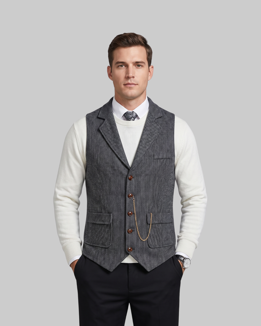 Men's Tailored Lapel Vest in dark grey.