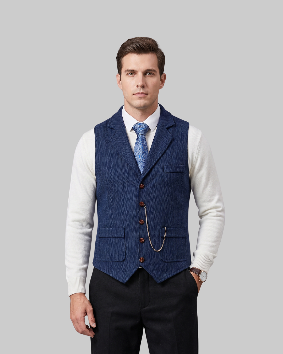 Men's Tailored Lapel Vest in navy blue.