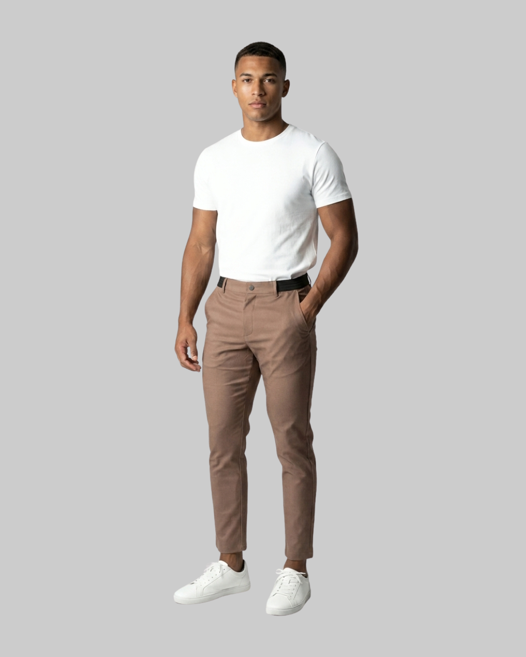 Men's Tapered Chino Pants in brown.