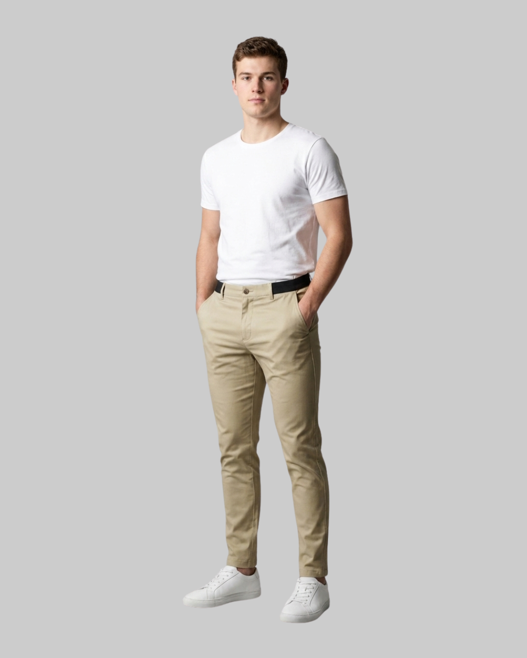 Men's Tapered Chino Pants in khaki.