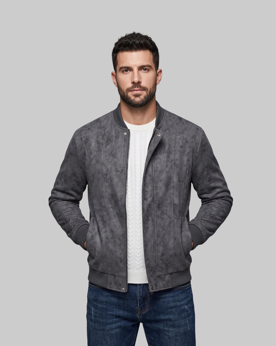Men's Textured Bomber Jacket in black.