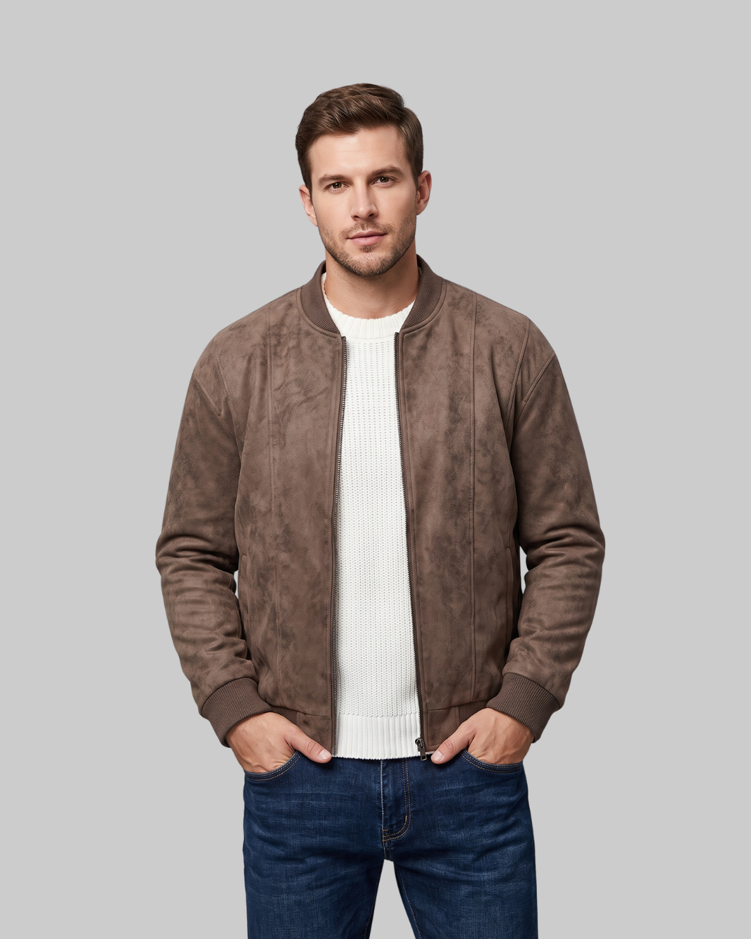 Men's Textured Bomber Jacket in coffee.