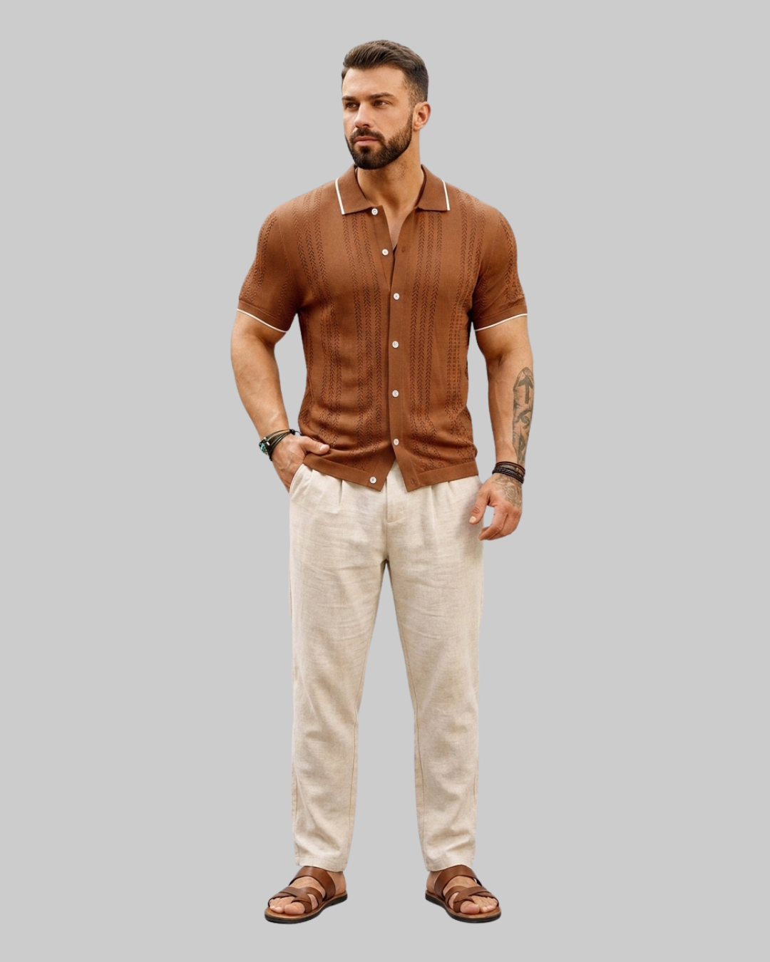 Men's Textured Button Down Polo Shirt in Brown