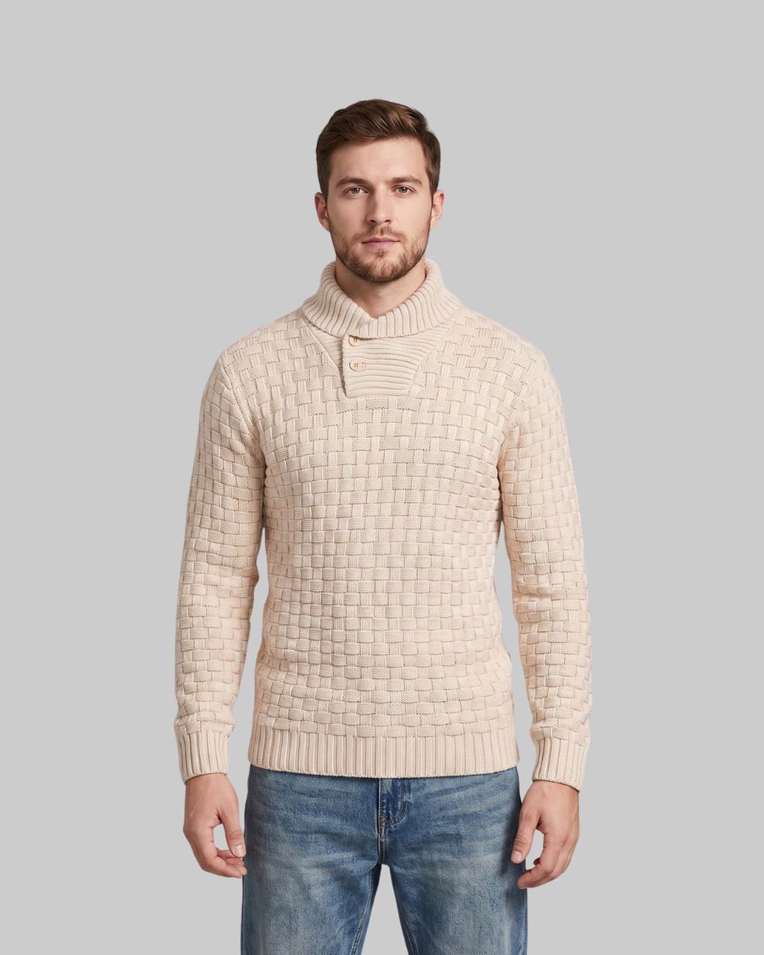 Men's Textured Button Turtleneck Sweater in apricot.