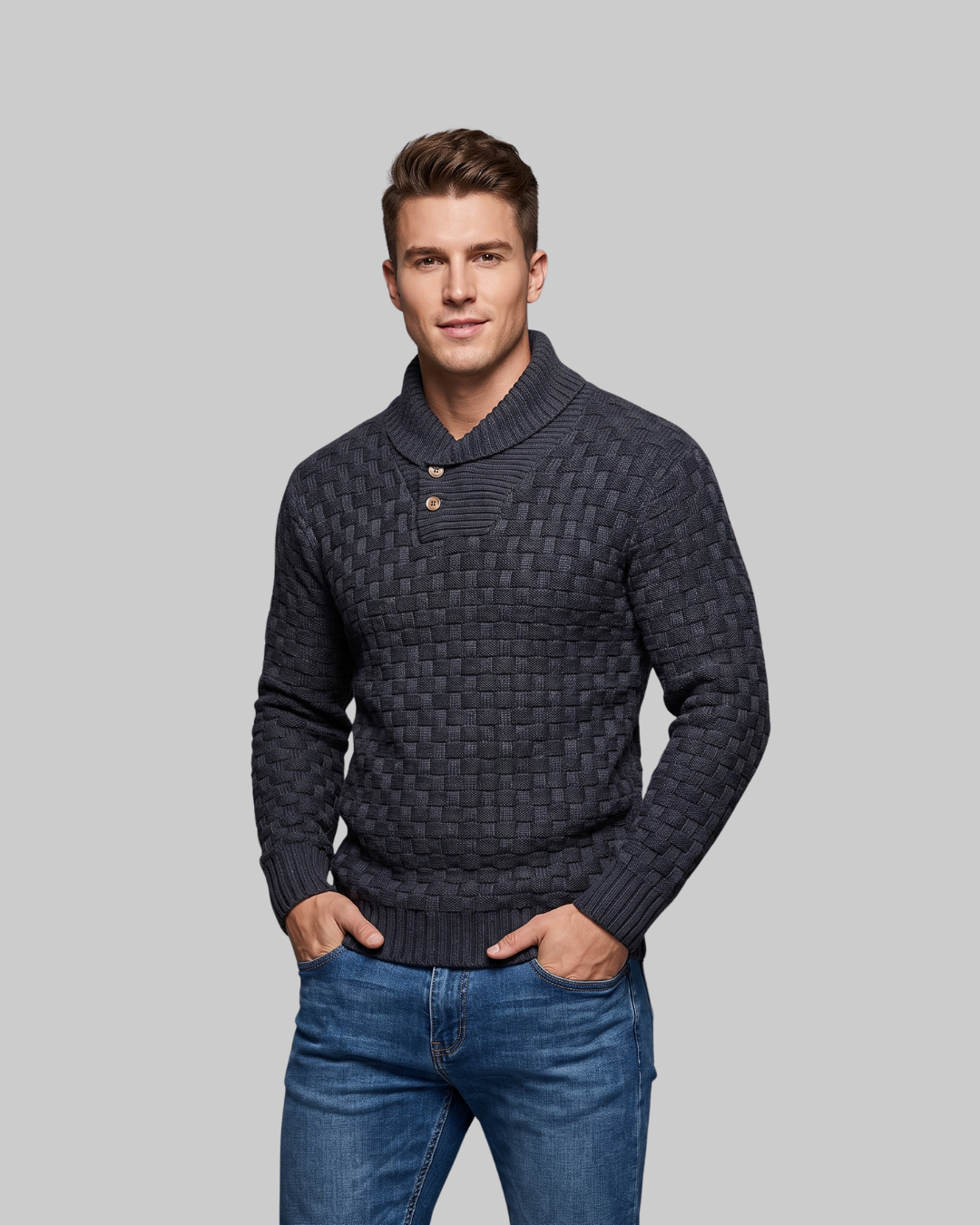 Men's Textured Button Turtleneck Sweater in black.