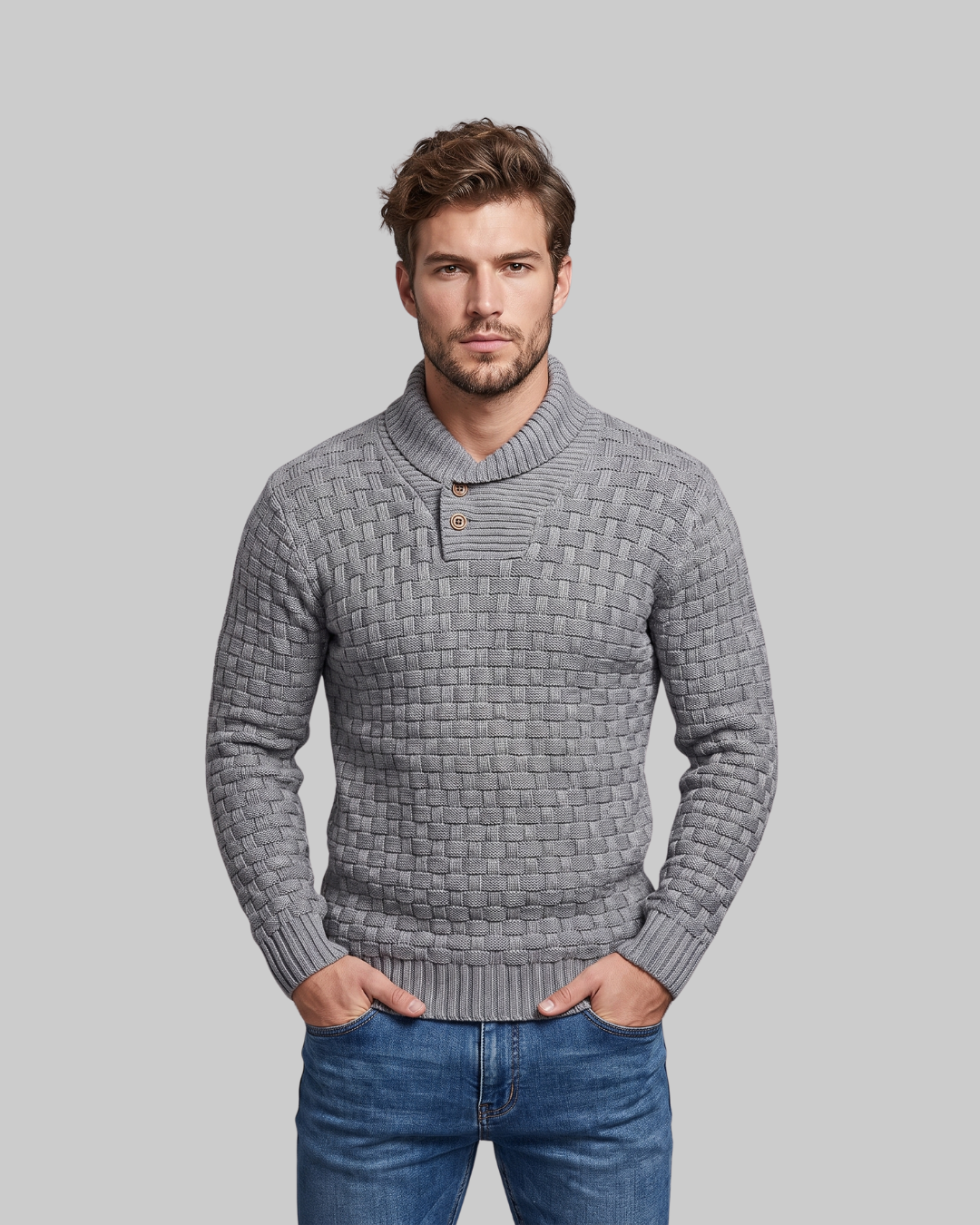 Men's Textured Button Turtleneck Sweater in grey.
