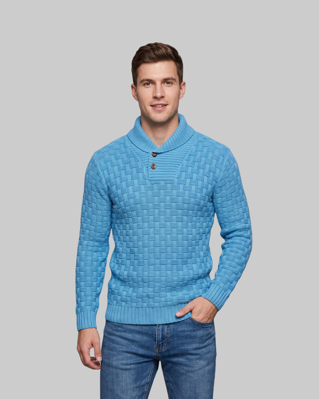 Men's Textured Button Turtleneck Sweater in sky blue.