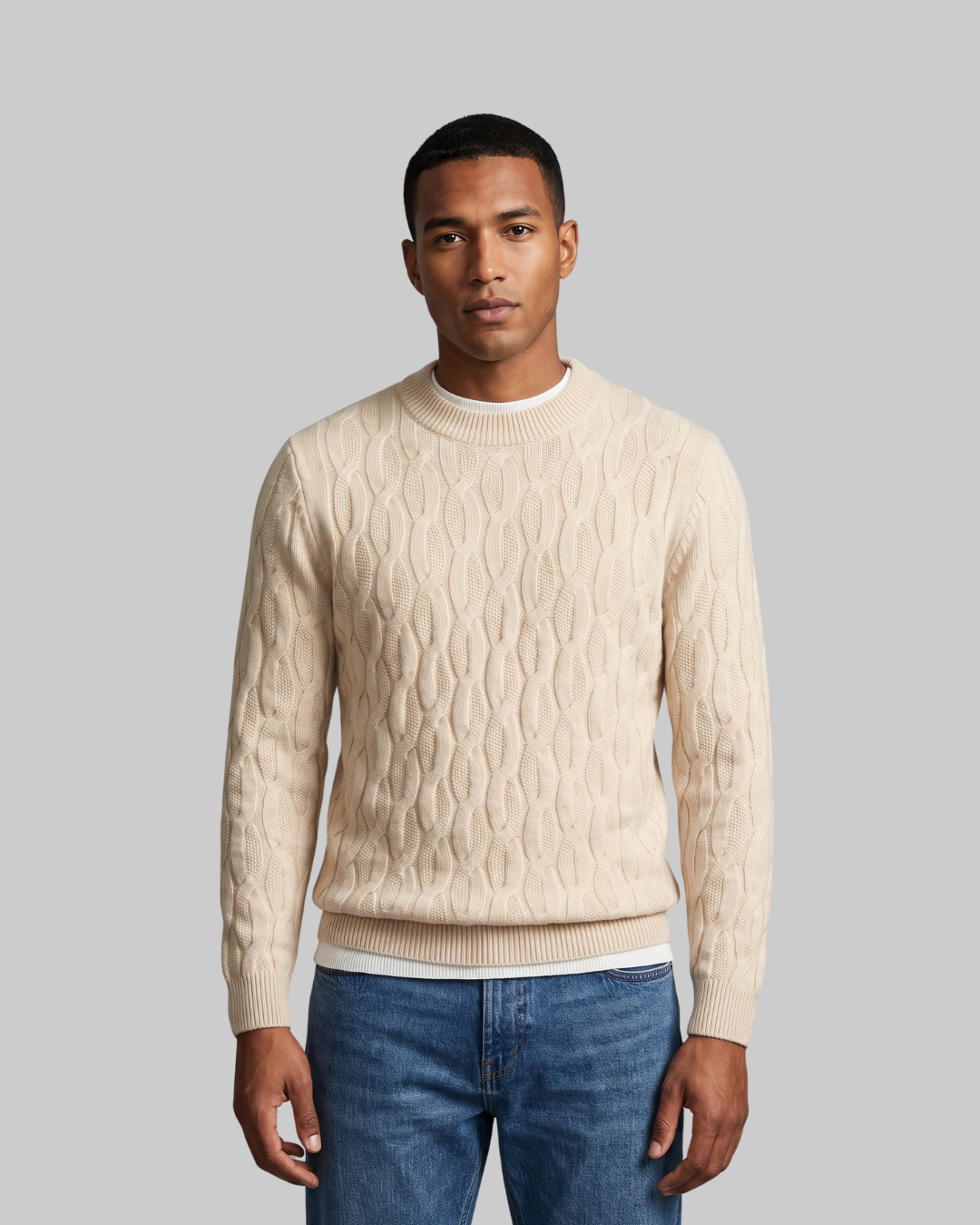 Men's Textured Cable Crew Sweater in beige.