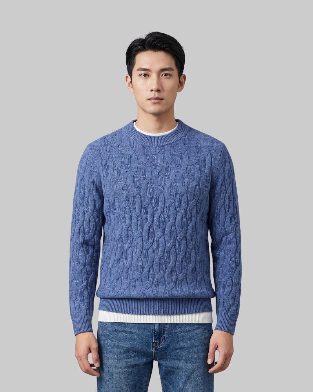 Men's Textured Cable Crew Sweater in blue.