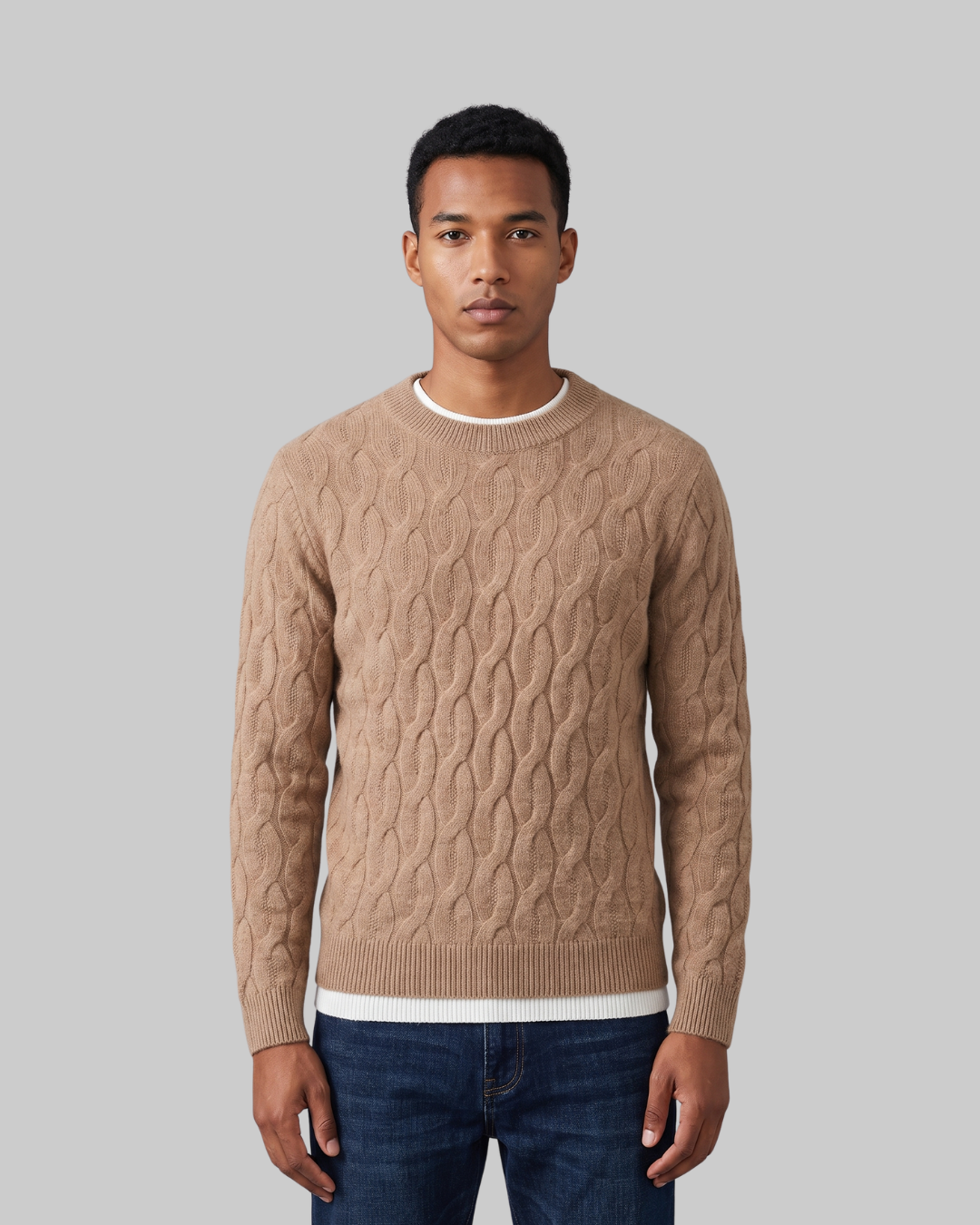 Men's Textured Cable Crew Sweater in black.
