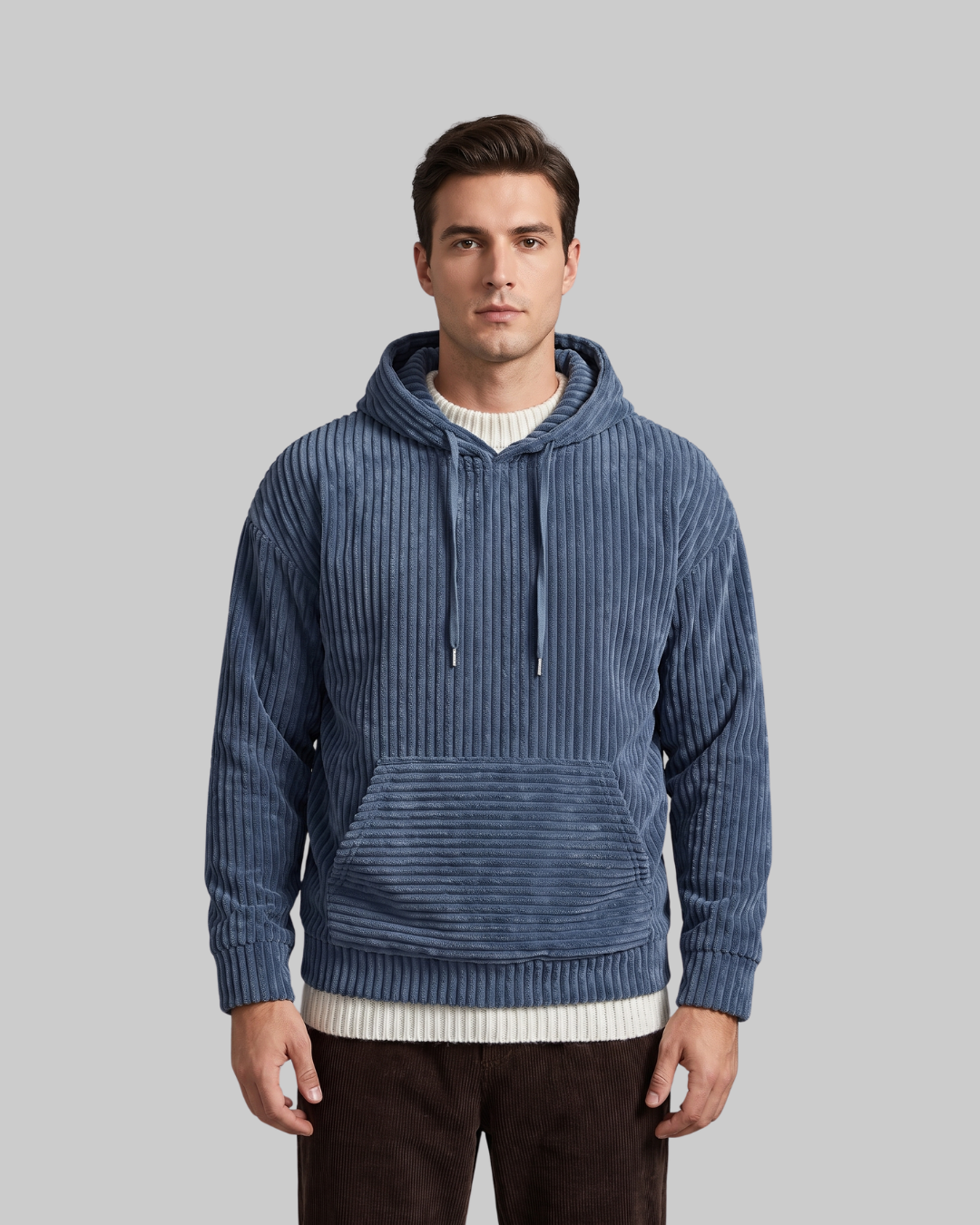Men's Textured Corduroy Hoodie in blue.