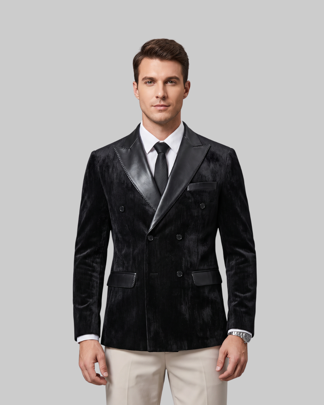 Men's Textured Double-Breasted Blazer in black.