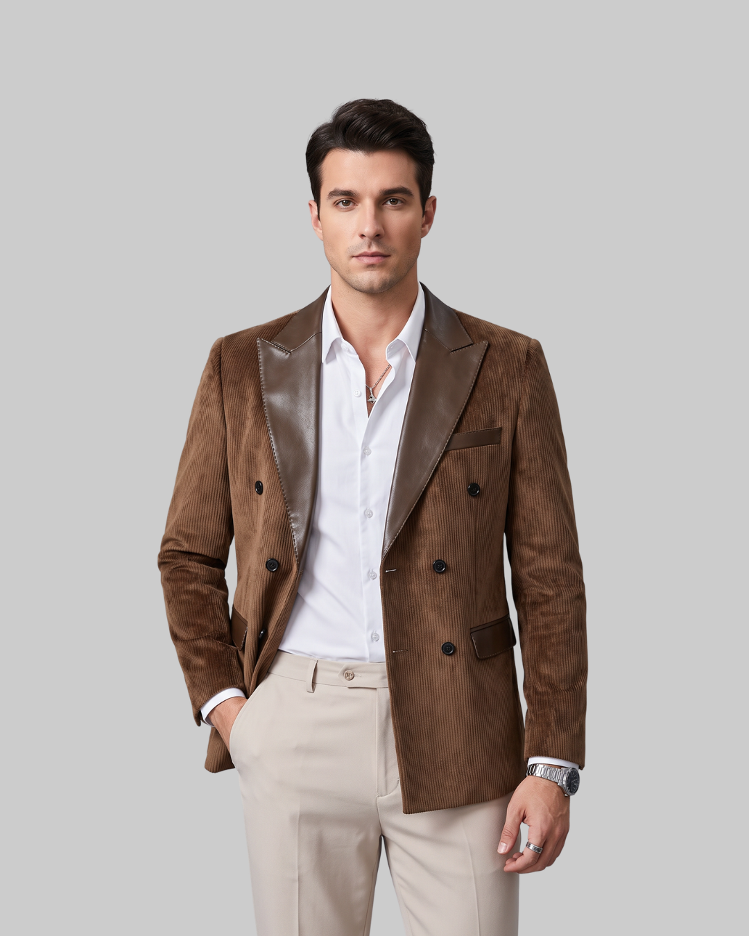 Men's Textured Double-Breasted Blazer in brown.