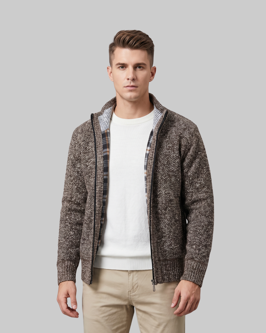 Men's Textured Full-Zip Cardigan in coffee.