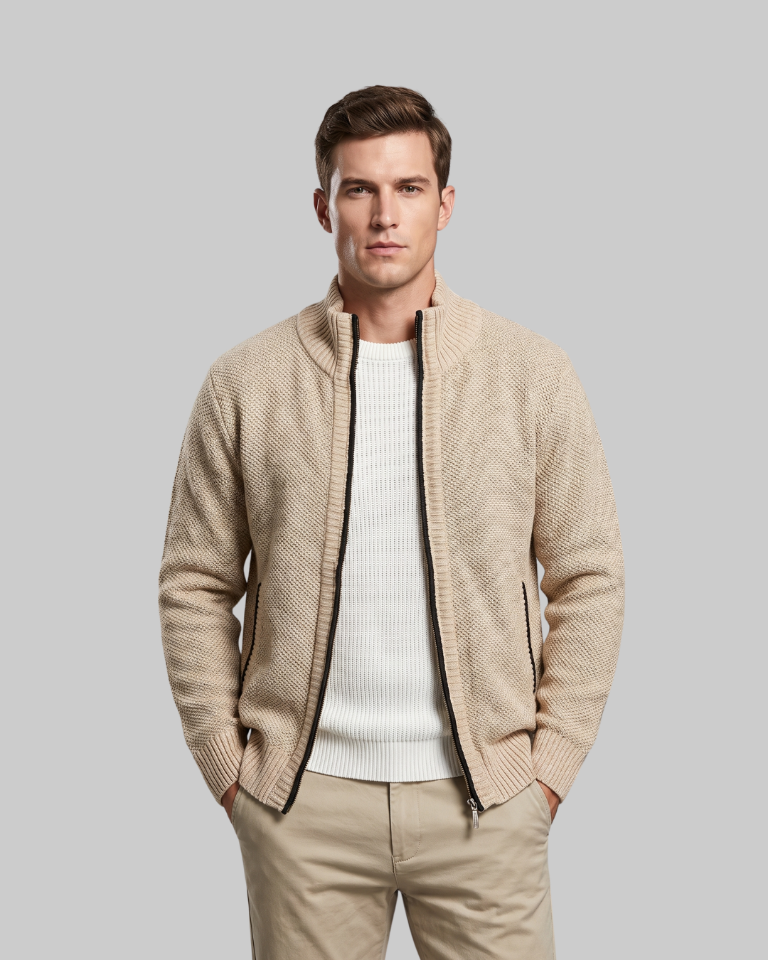 Men's Textured Full-Zip Cardigan in khaki.