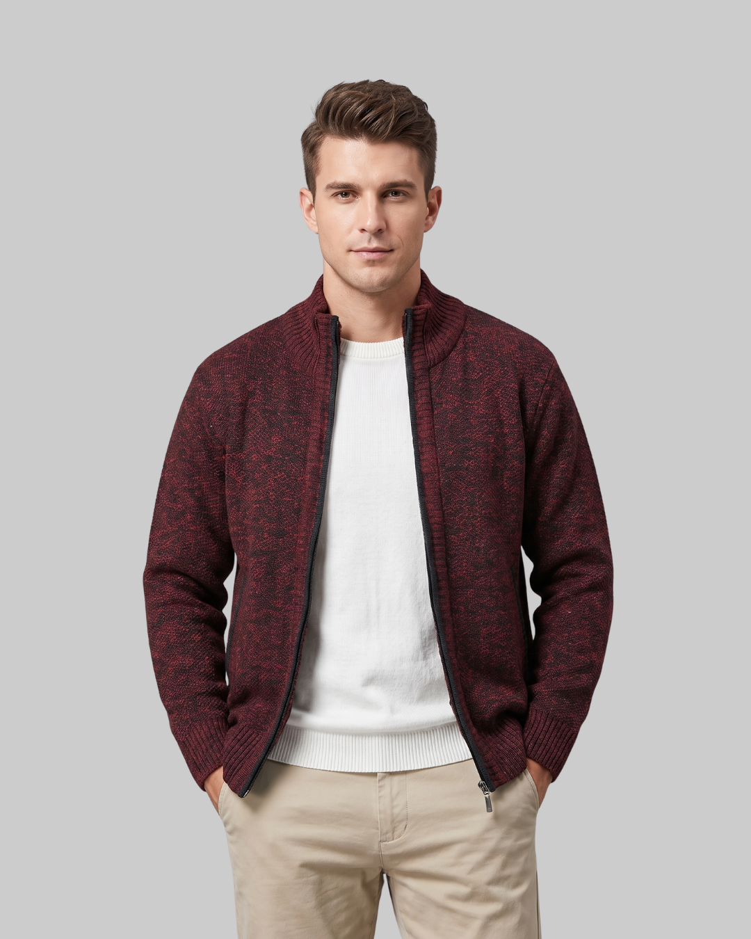 Men's Textured Full-Zip Cardigan in wine red.