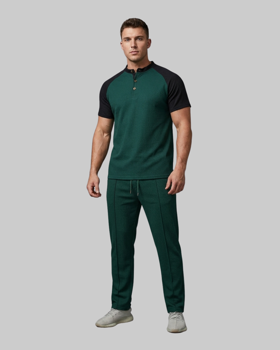Men's Textured Henley Tracksuit Set in dark green.
