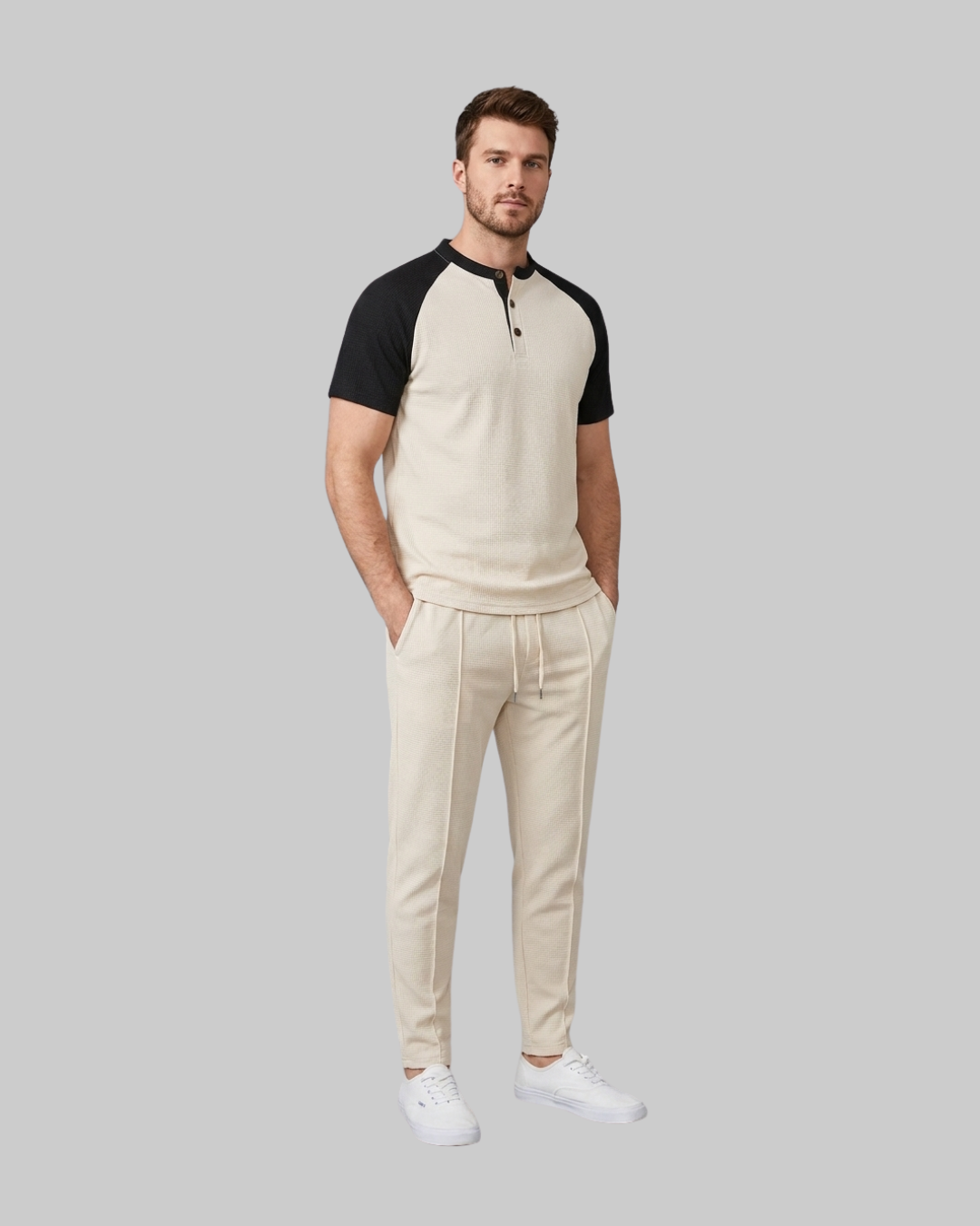 Men's Textured Henley Tracksuit Set in khaki.