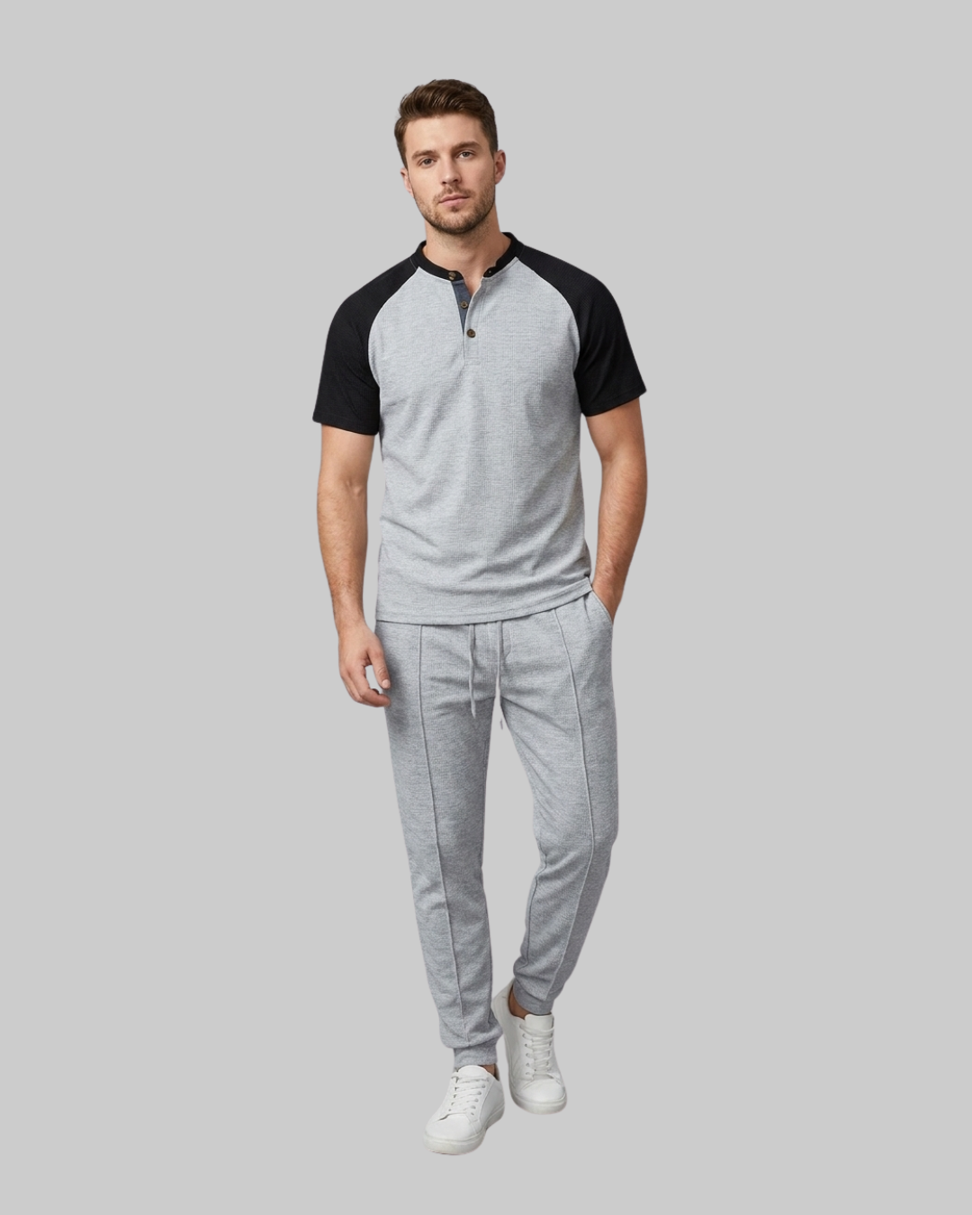 Men's Textured Henley Tracksuit Set in light grey.