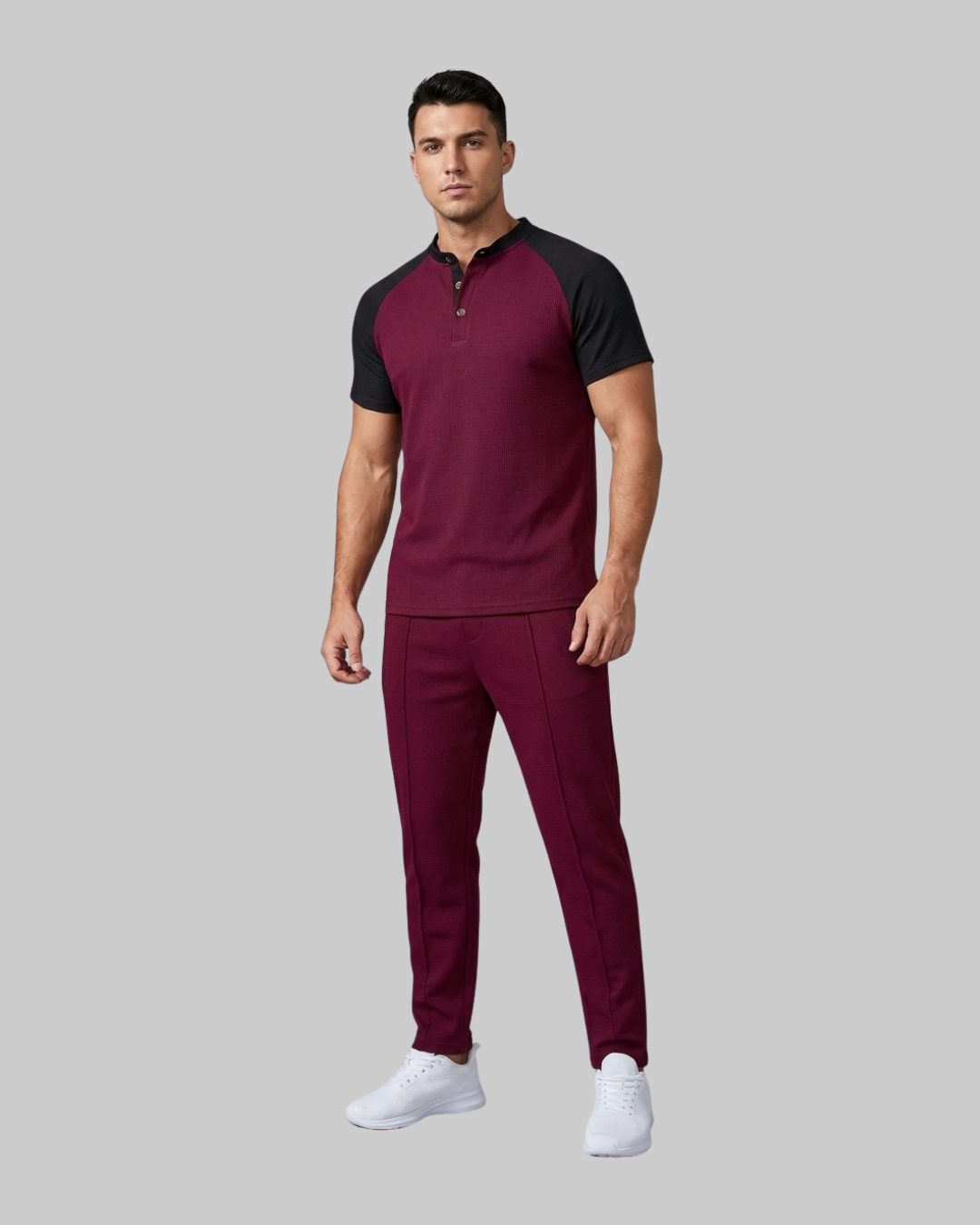 Men's Textured Henley Tracksuit Set in wine red.