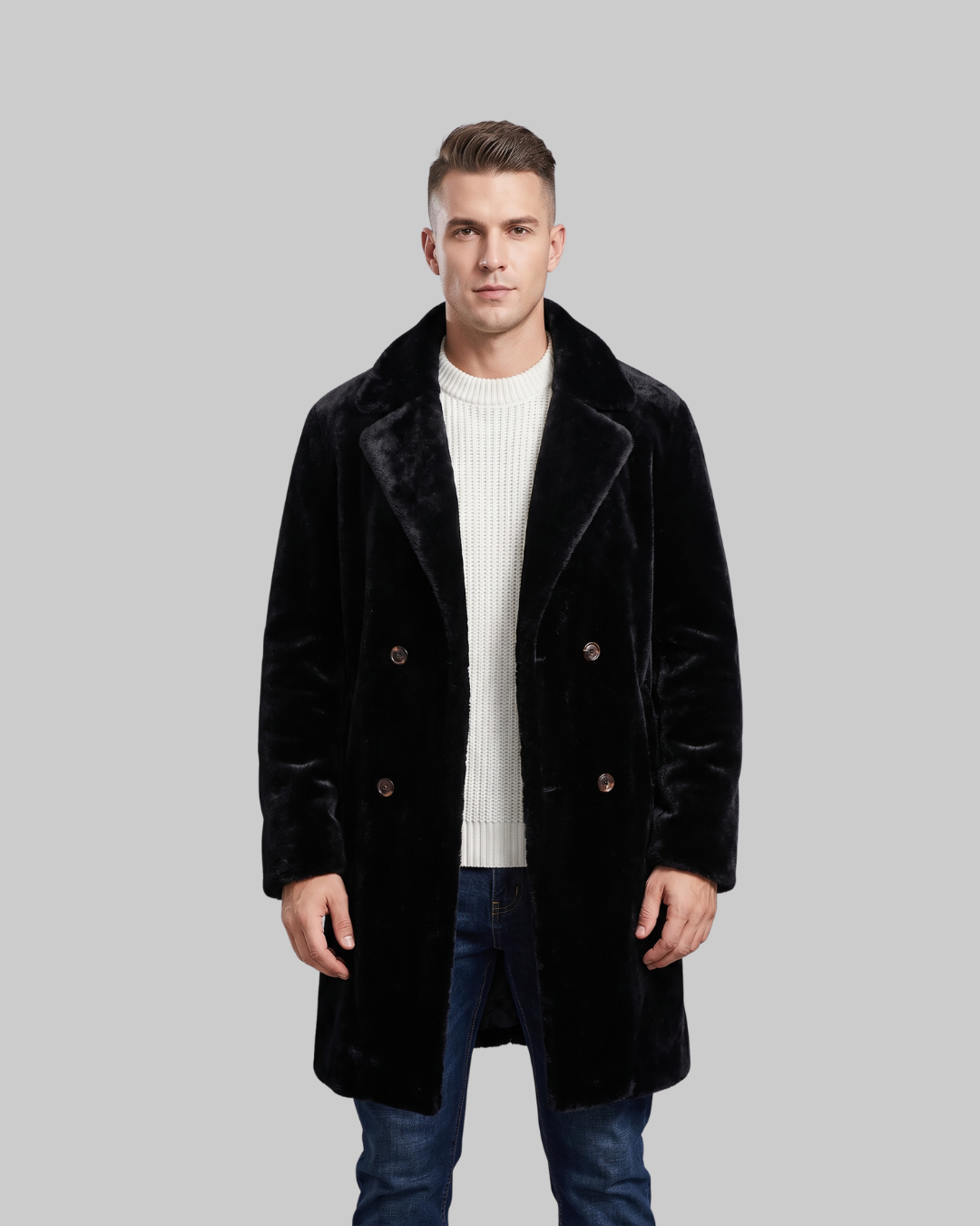 Men's Textured Long Coat in black.