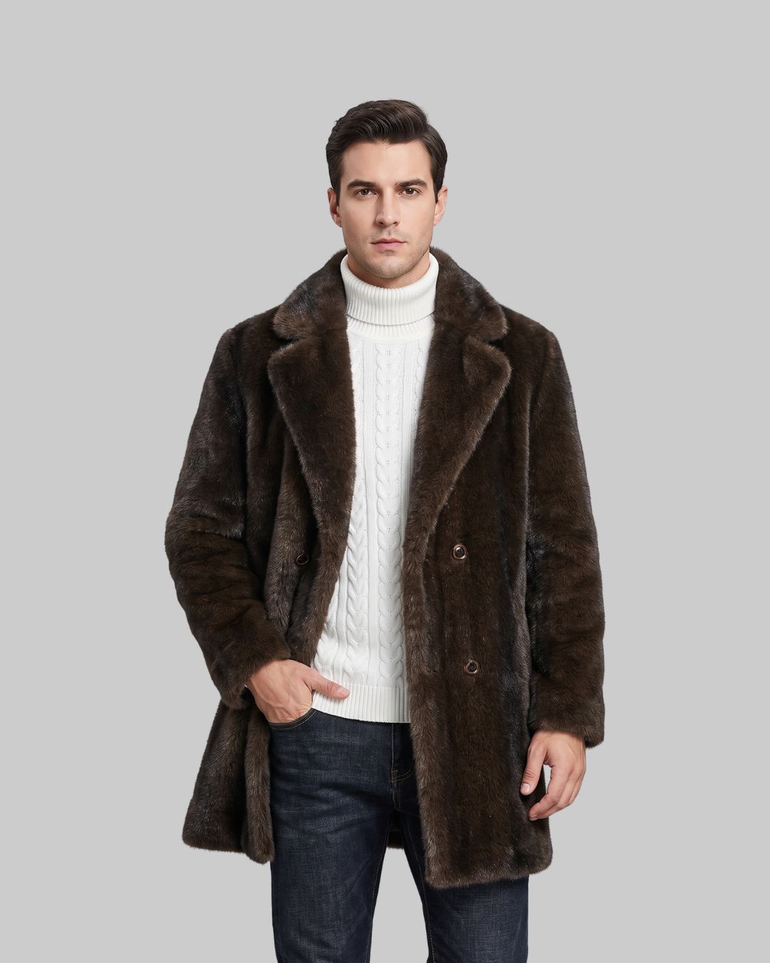 Men's Textured Long Coat in brown.