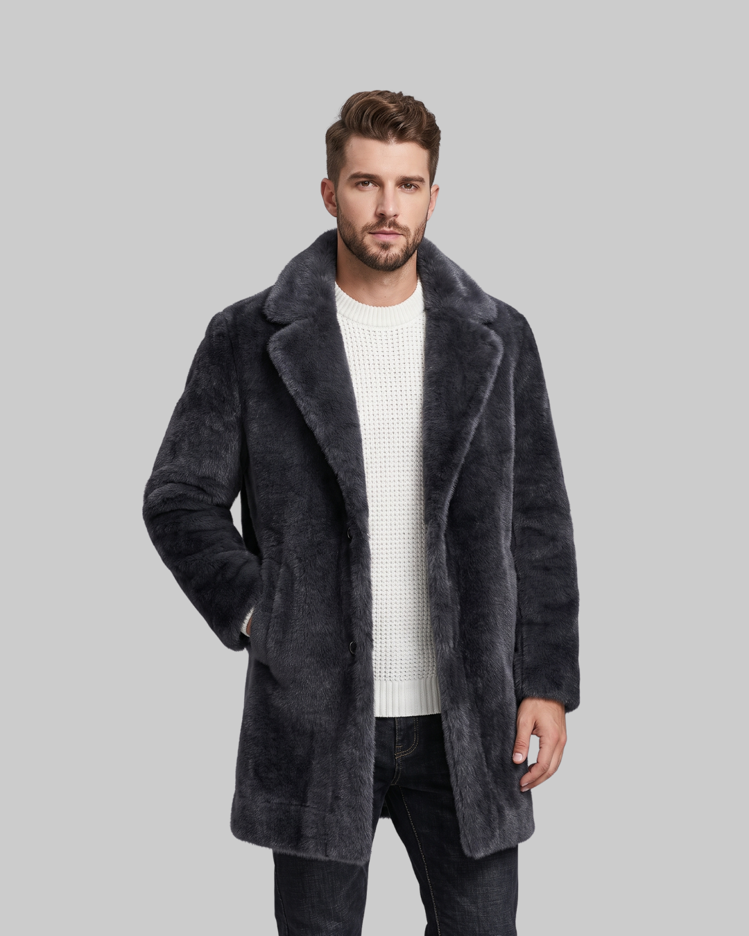 Men's Textured Long Coat in grey.