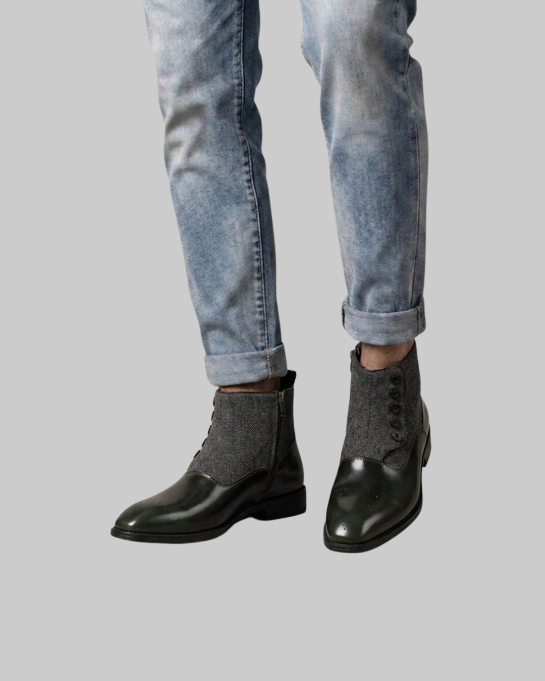 Worn Men's Textured Side Zip Dress Boots in green.