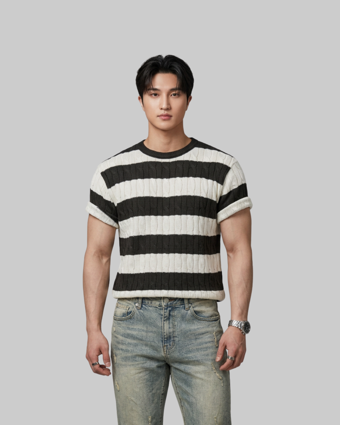 Men's Textured Stripe Knit T-Shirt in black.