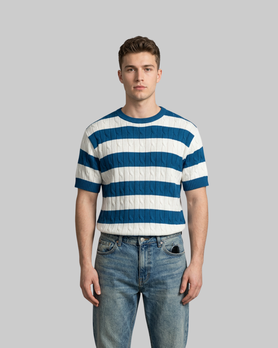 Men's Textured Stripe Knit T-Shirt in blue.