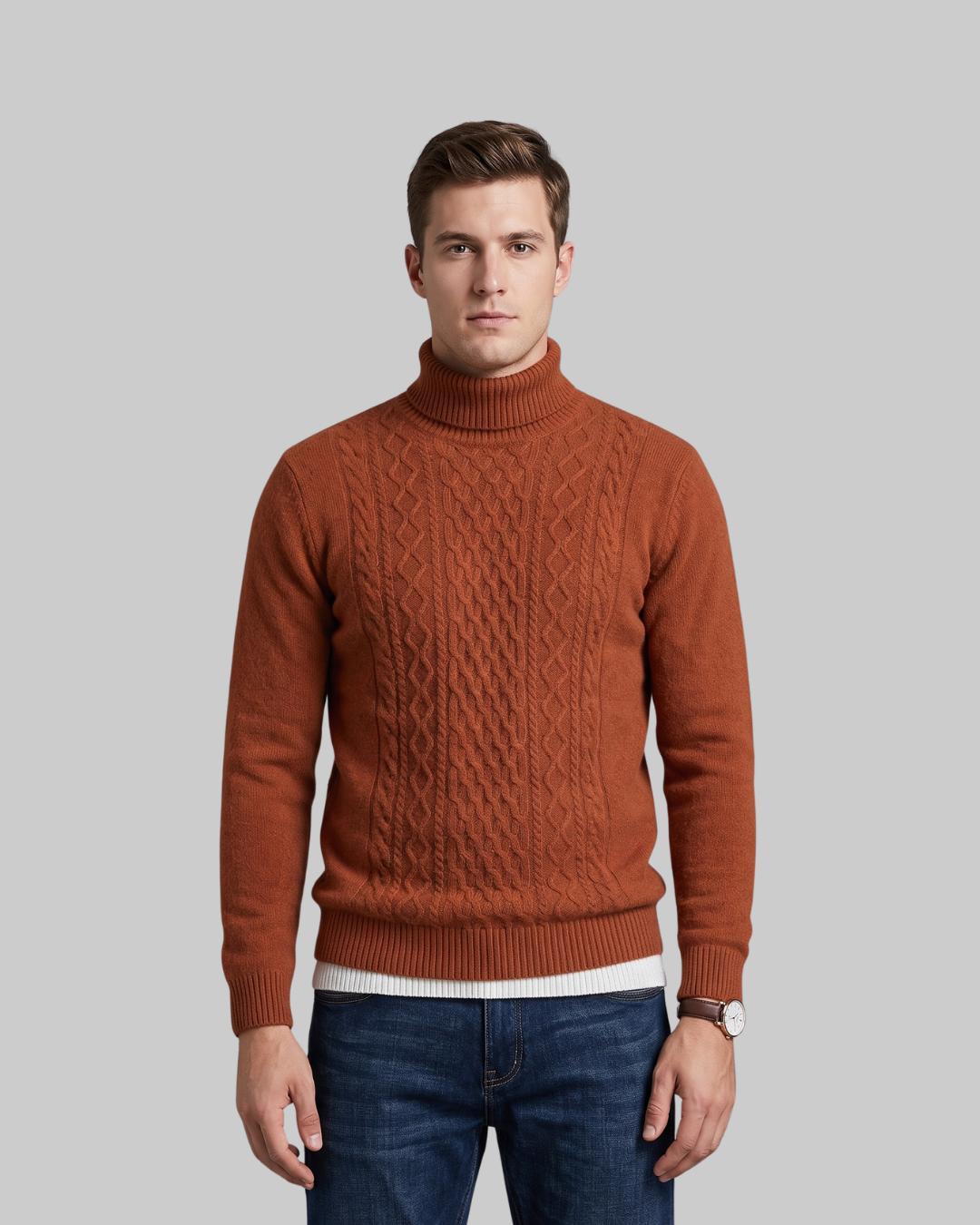 Men's Textured Turtleneck Sweater in brown.