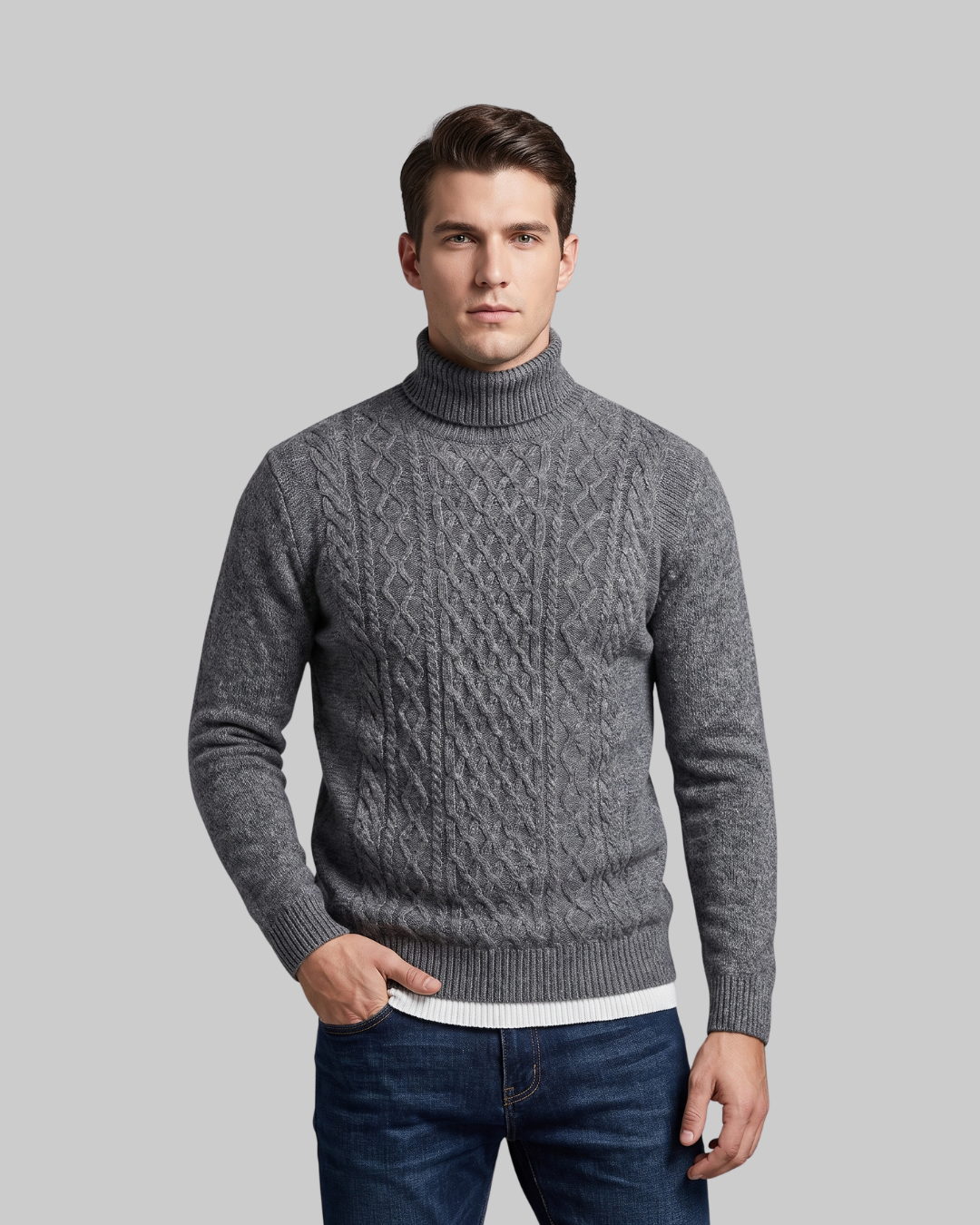 Men's Textured Turtleneck Sweater in grey.