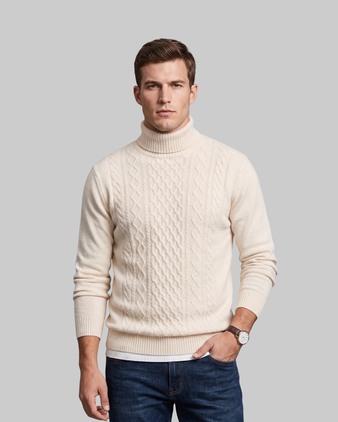 Men's Textured Turtleneck Sweater in white.