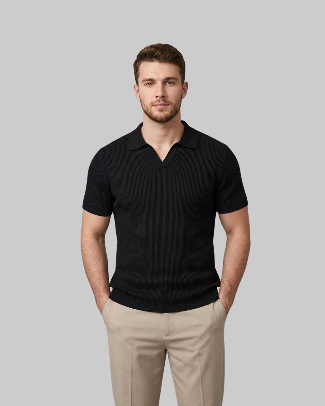 Men's Textured V-Neck Polo Shirt in black.