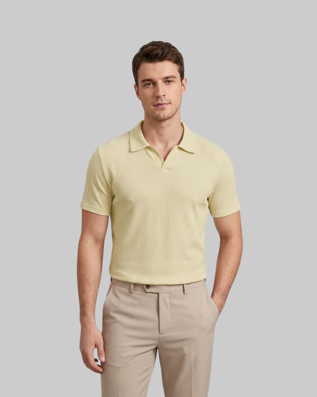 Men's Textured V-Neck Polo Shirt in khaki.