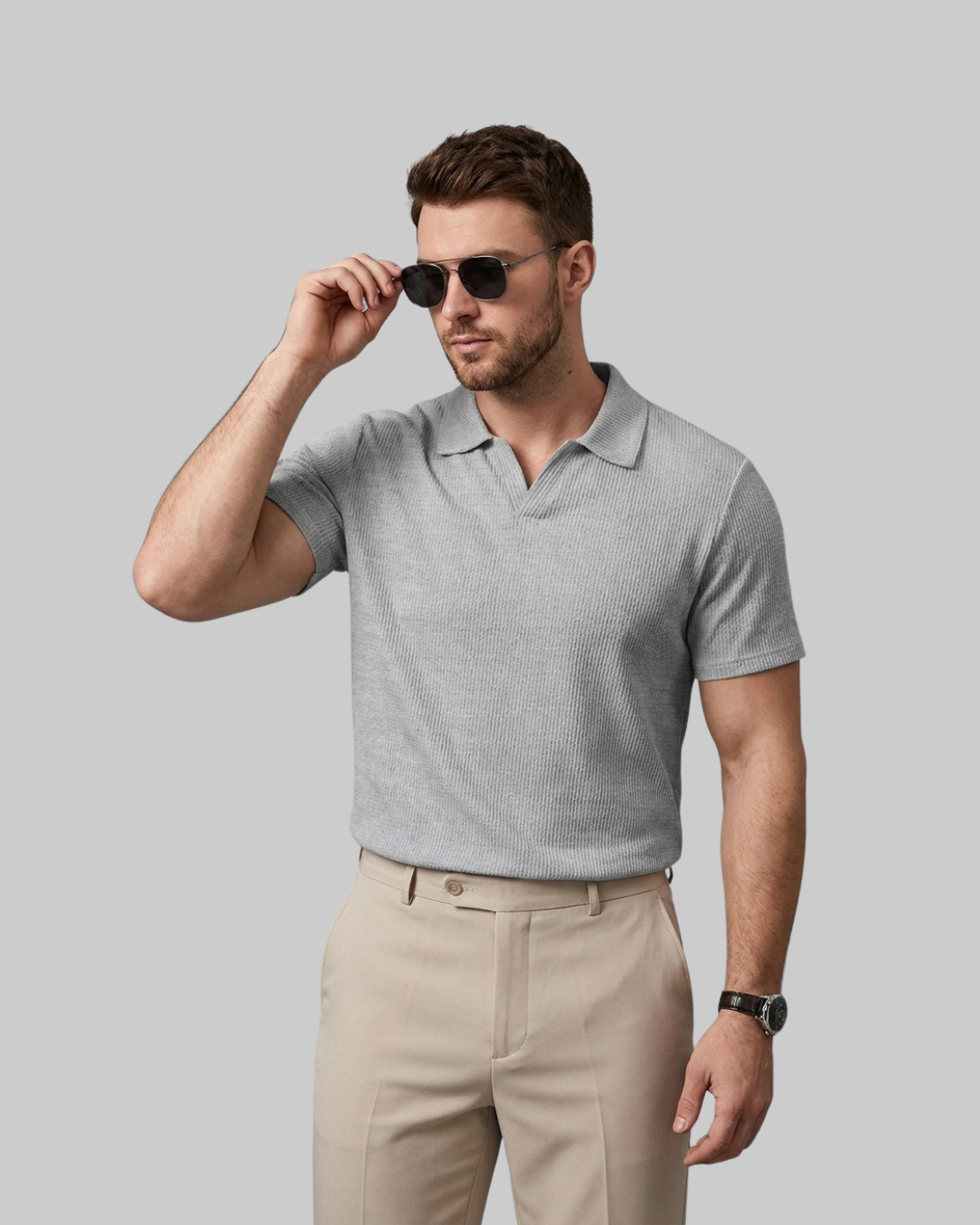 Men's Textured V-Neck Polo Shirt in light grey.