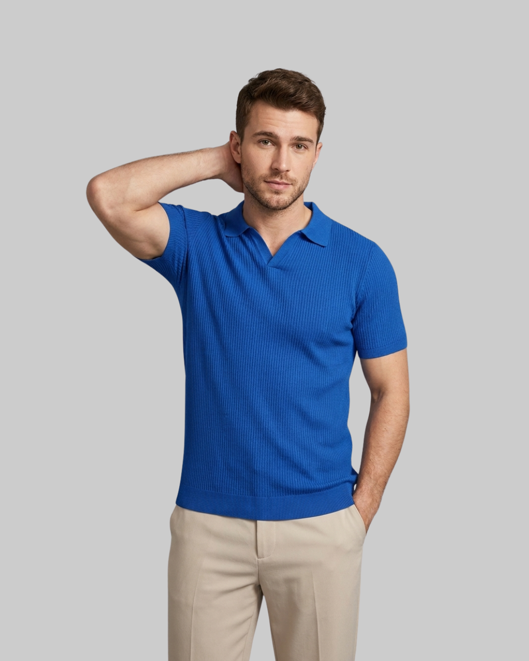 Men's Textured V-Neck Polo Shirt in blue.