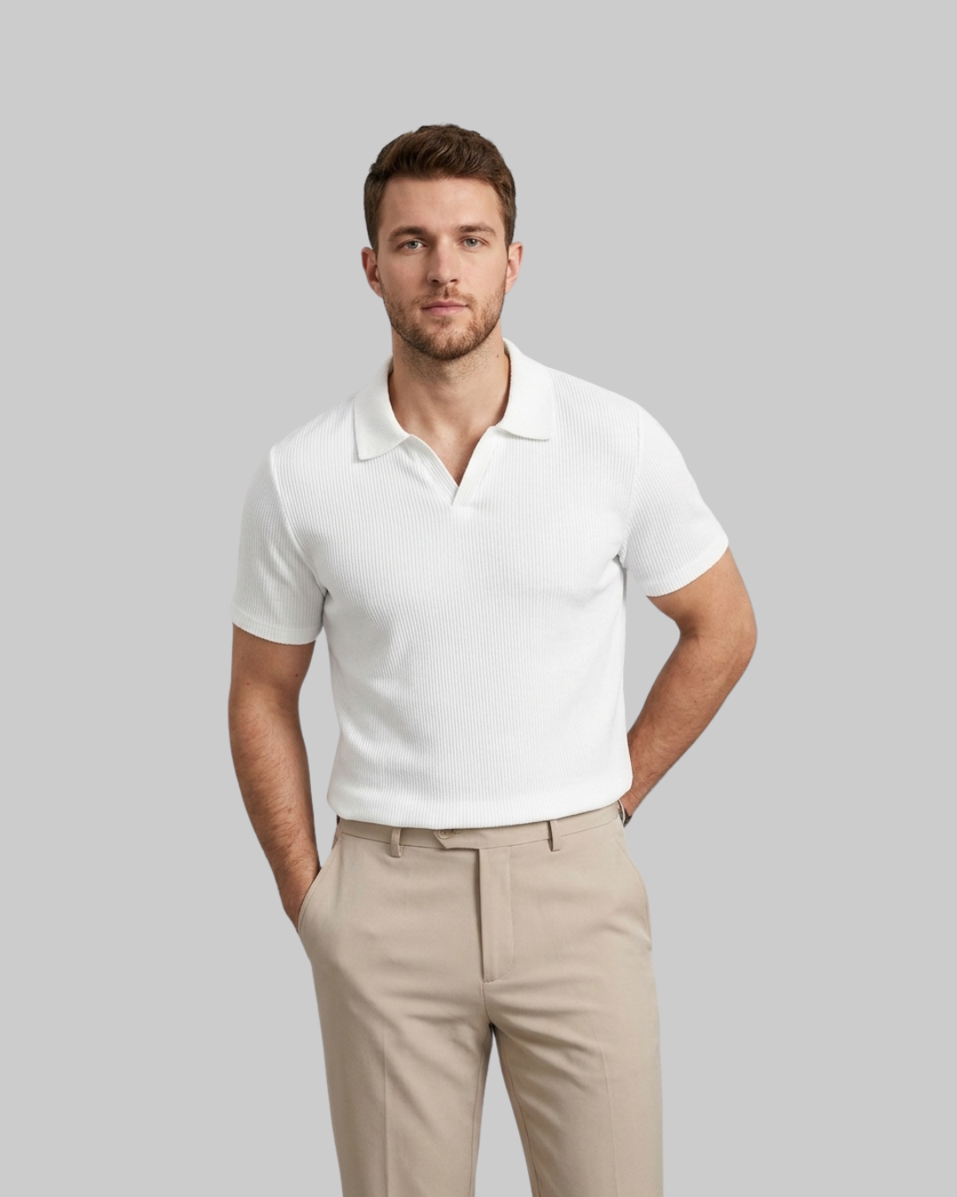 Men's Textured V-Neck Polo Shirt in white.