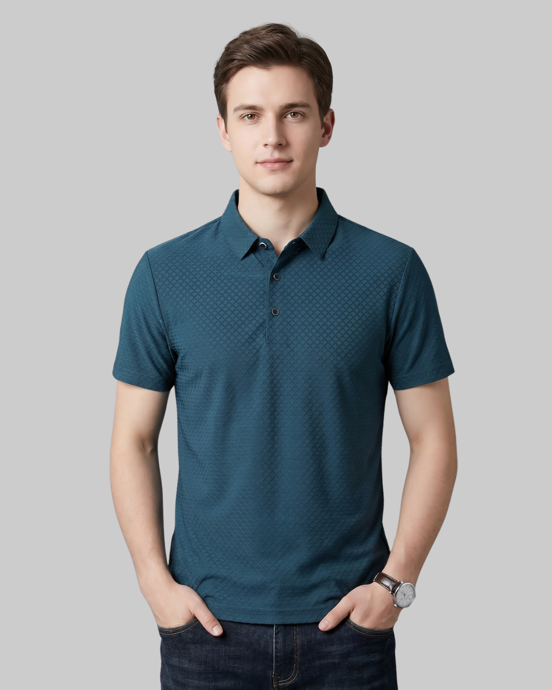 Men's Textured Waffle Polo Shirt in Blue