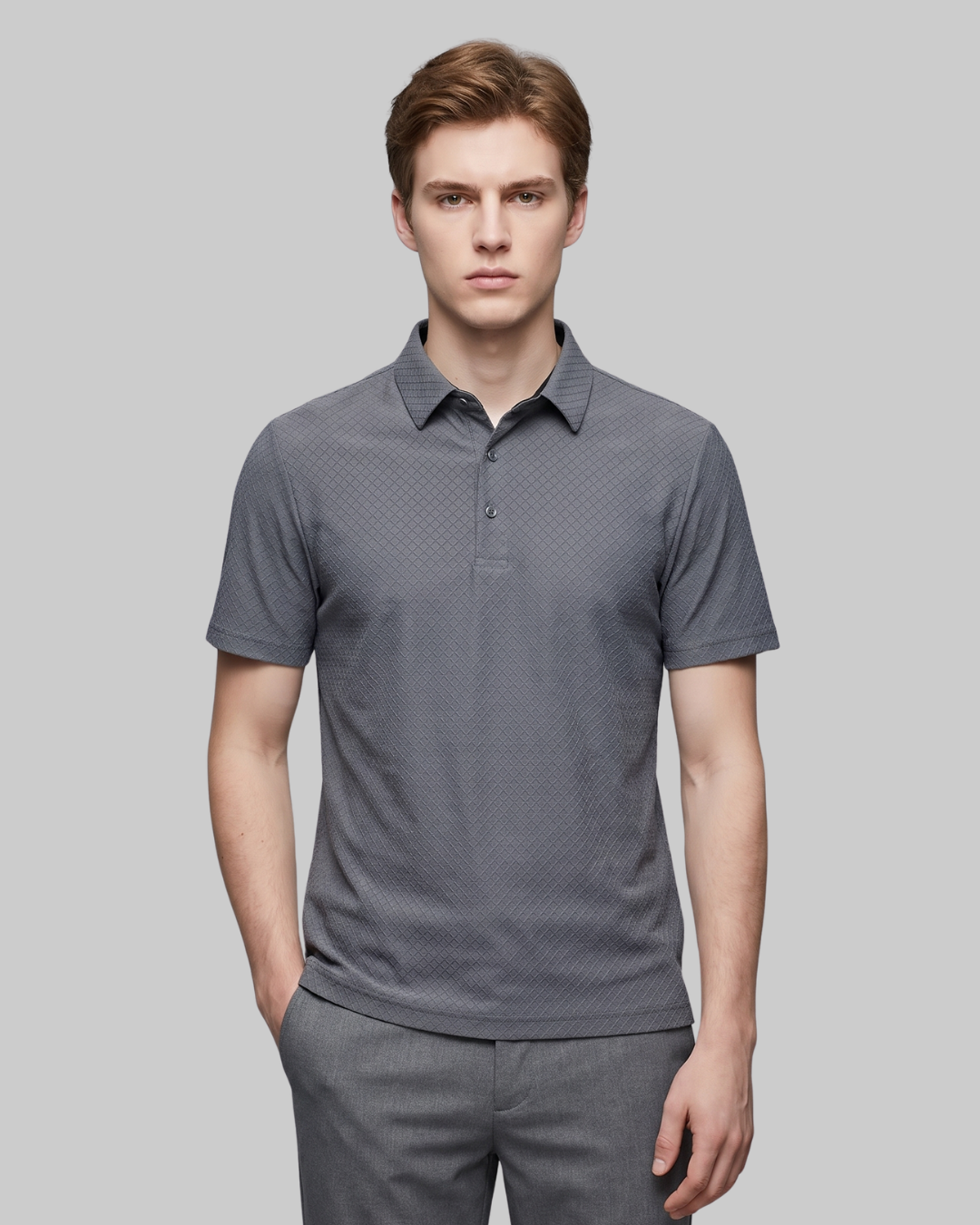 Men's Textured Waffle Polo Shirt in Grey