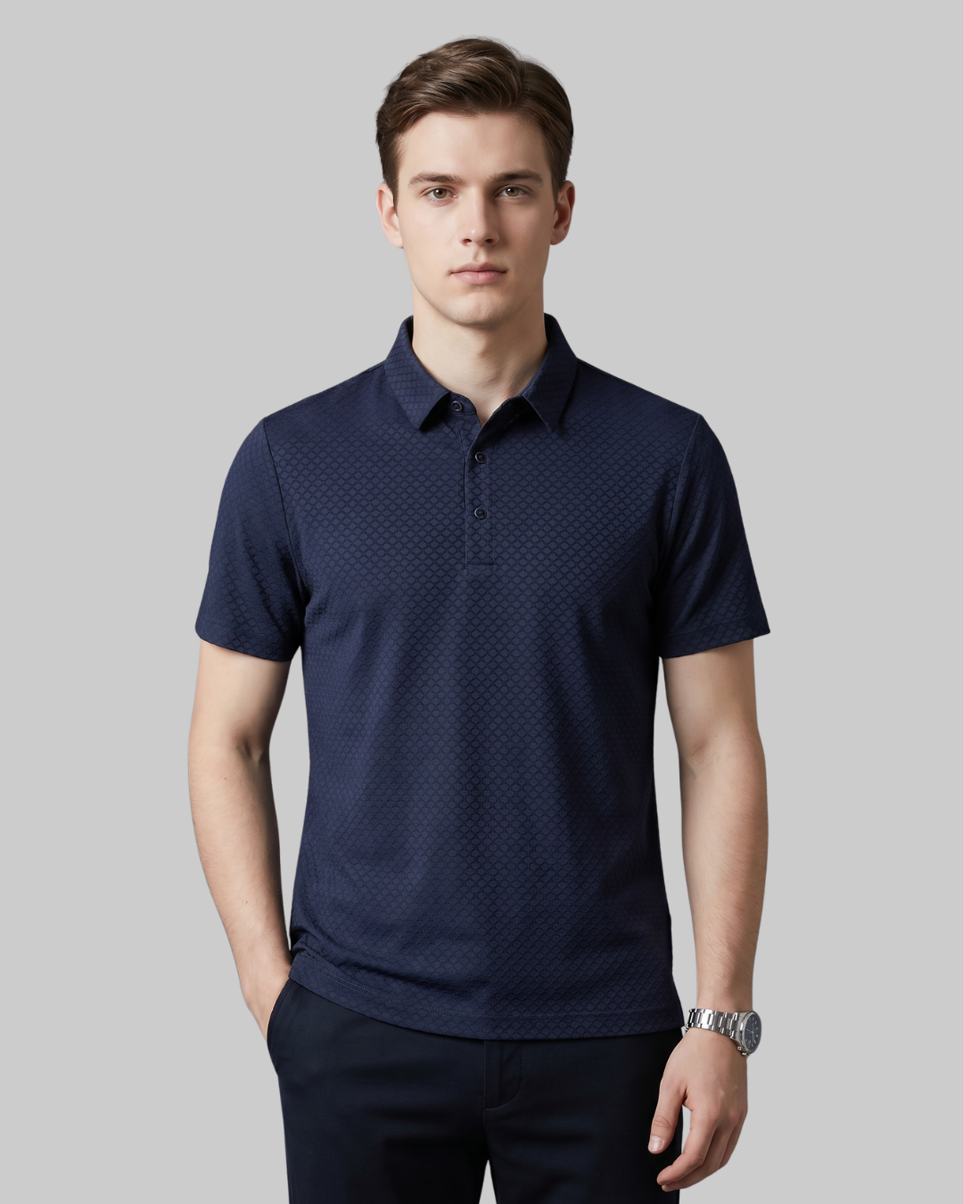 Men's Textured Waffle Polo Shirt in Navy Blue