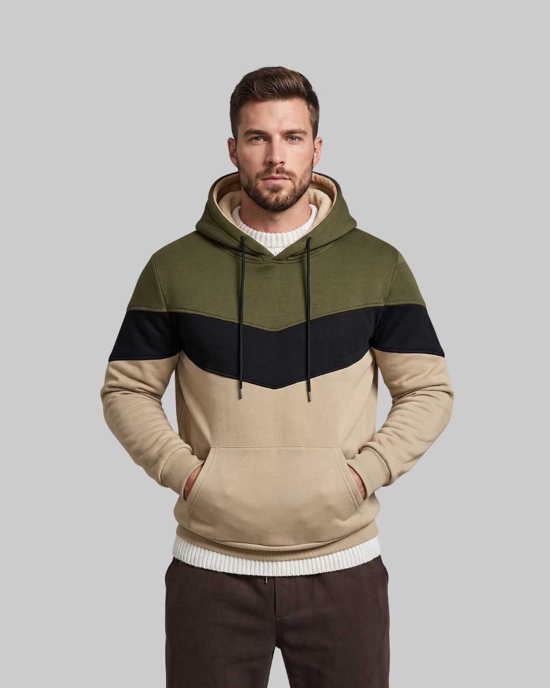 Men's Three Tone Pullover Hoodie in army green.
