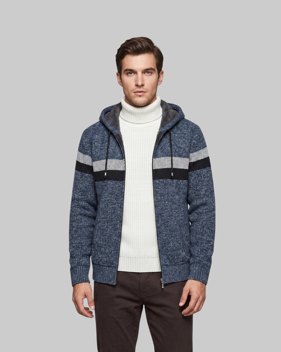 Men's Thick Knit Zip Hoodie in blue.